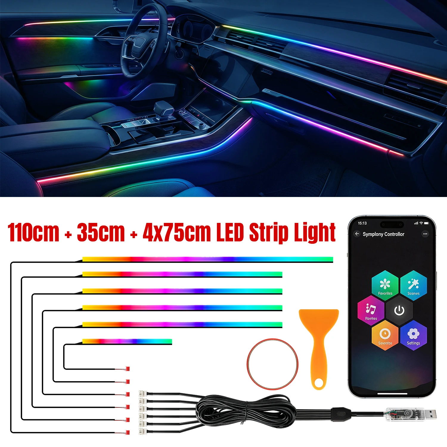 2/6-in-1 Car Interior LED Ambient Lighting Kit, USB Powered Flexible Neon Strip, APP…