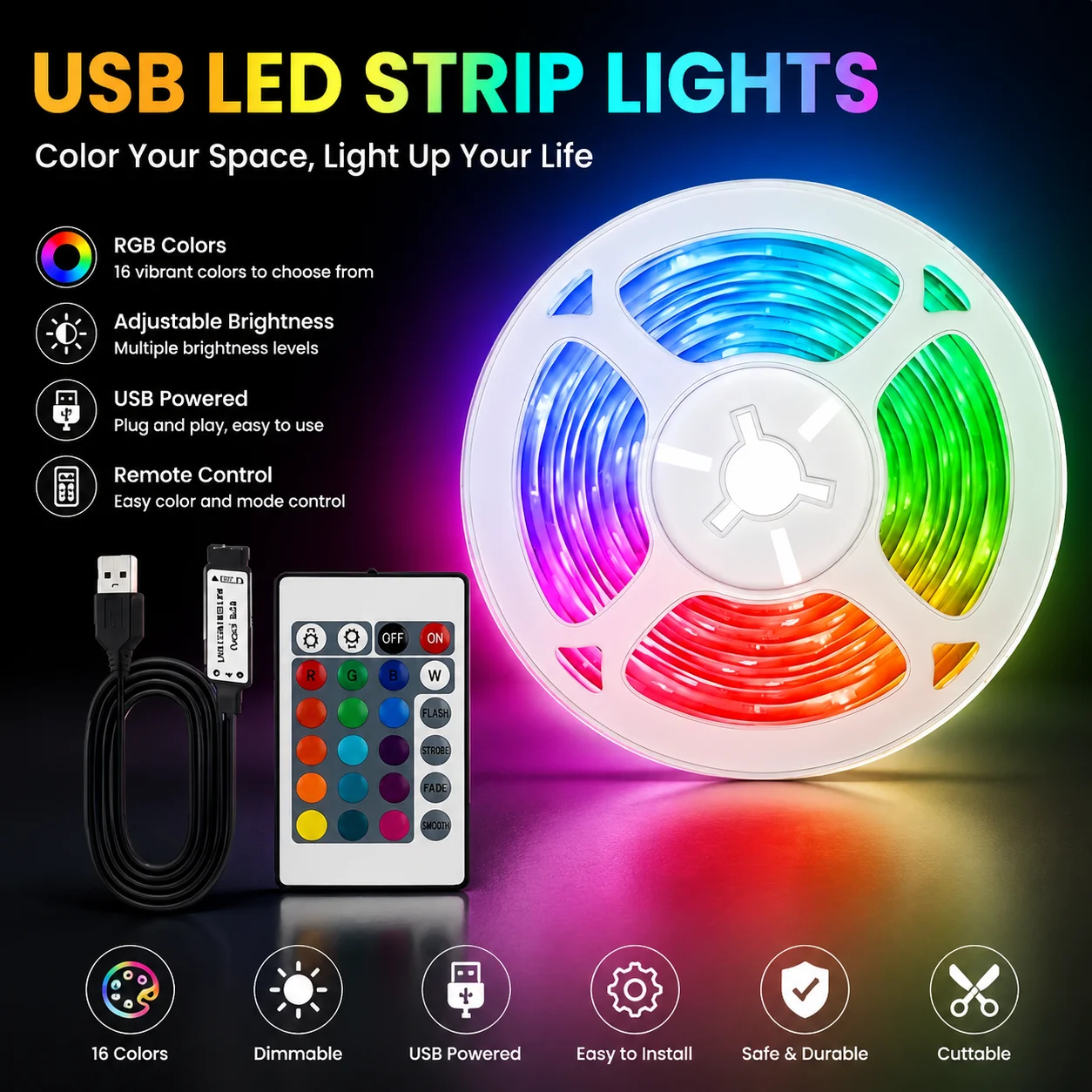 24‑Key IR Remote RGB LED Strip Light USB Flexible Color Changing LED Tape for TV…
