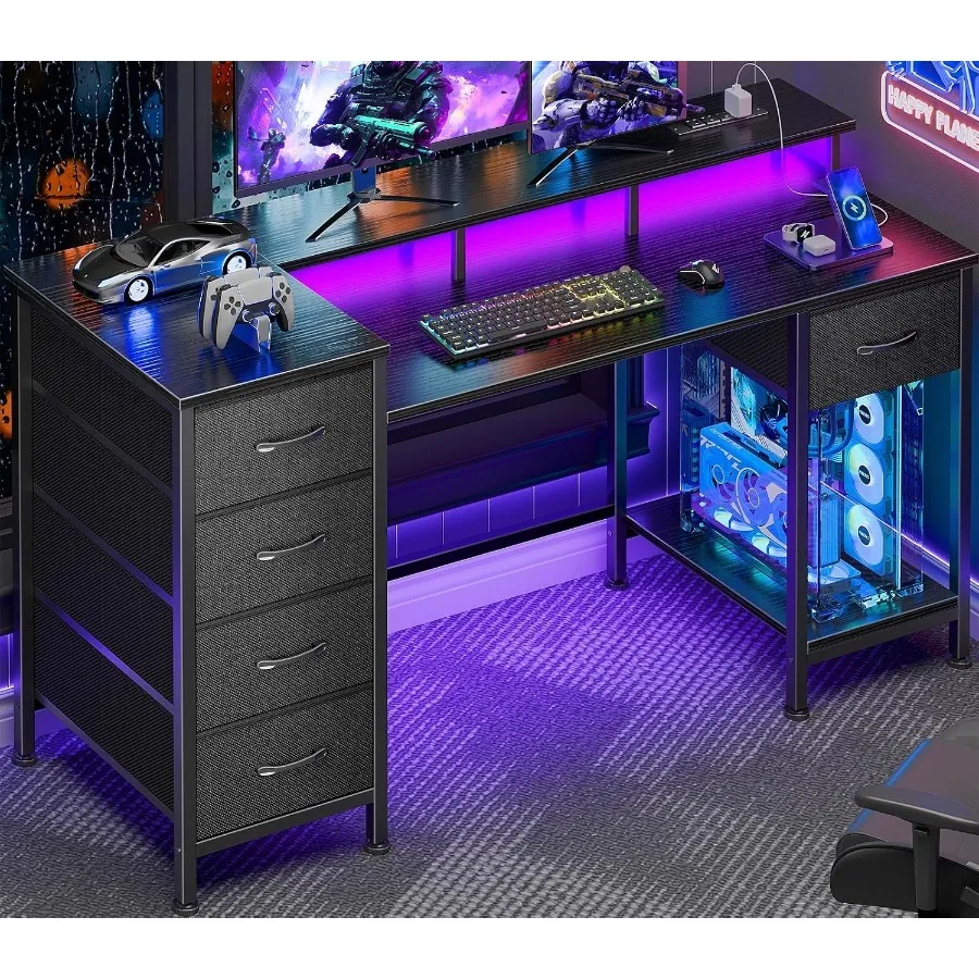 Gaming Computer Desk with Power Outlets, LED, 5 Drawers