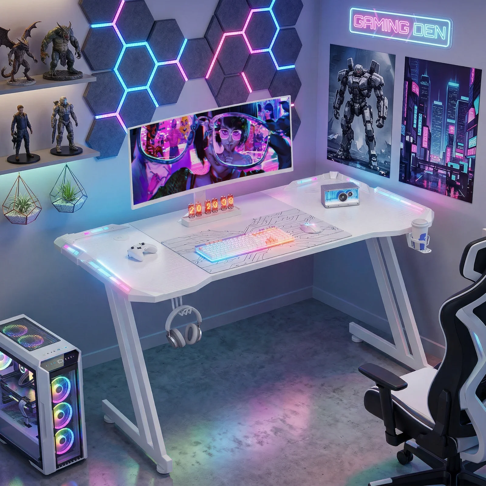 47/55/63inch Gaming Desk, Carbon Fibre Gaming Table with LED Lights, Z Shaped Ergonomic…
