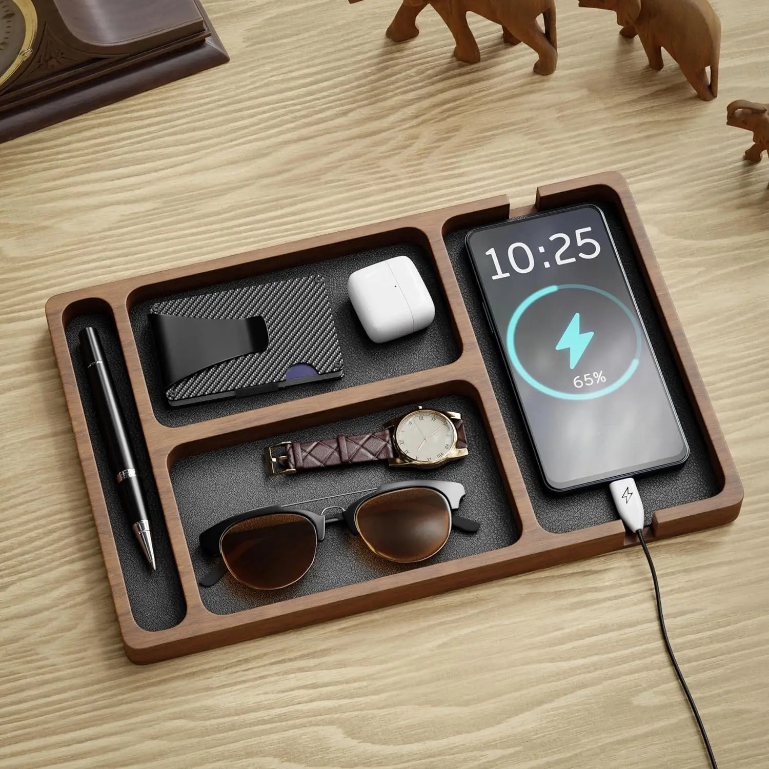 ooden Office Desktop Storage Box Solid Wood Partition Storage Box Mobile Phone Headphone…