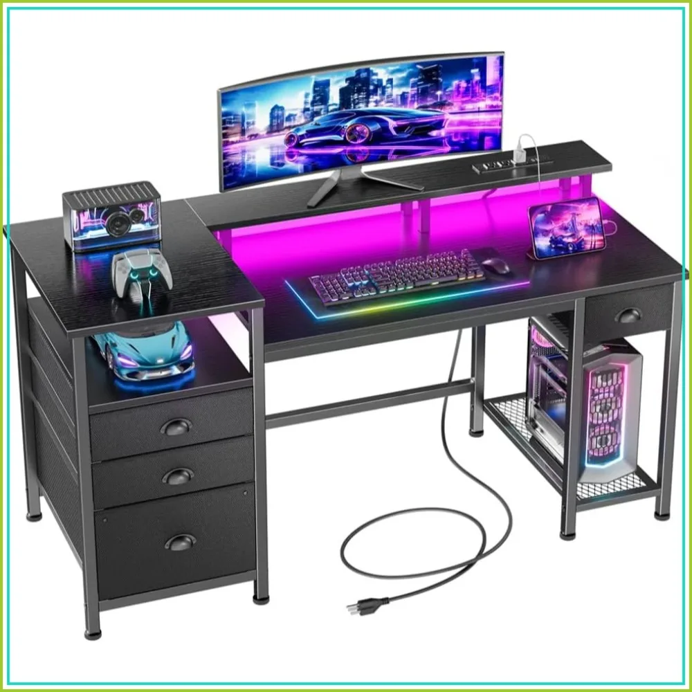 Gaming Desk 52 Inch with 4 Drawers, LED Lights, Power Outlet, Monitor Stand, Printer…