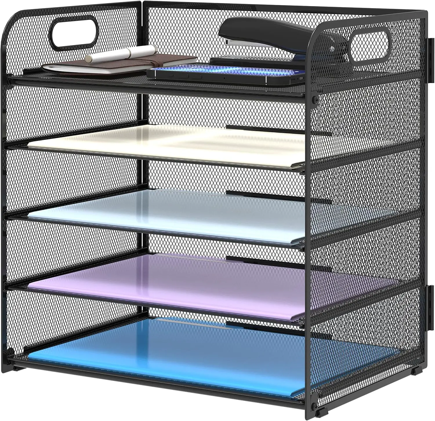 5 Trays Paper Organizer With Handle - Mesh Desk File/Letter Organizer, Black Paper Sorter…