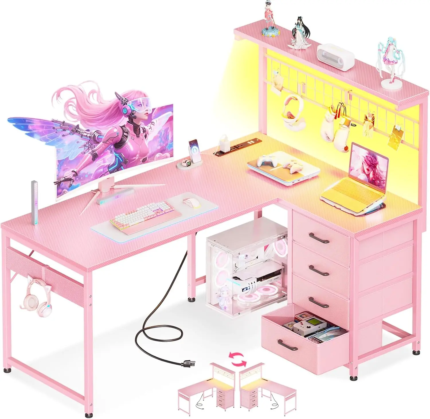 43 Inch L Shaped Gaming Desk with Shelf & 4 Drawers, Carbon Fiber Pink | Compact computer…