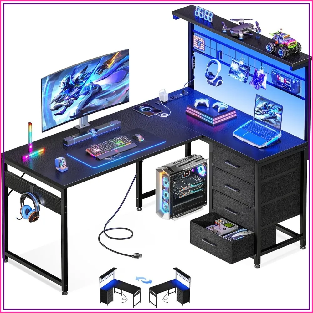 43" L Shaped Gaming Desk with Shelf & 4 Drawers, Black Computer Desk for Home Office