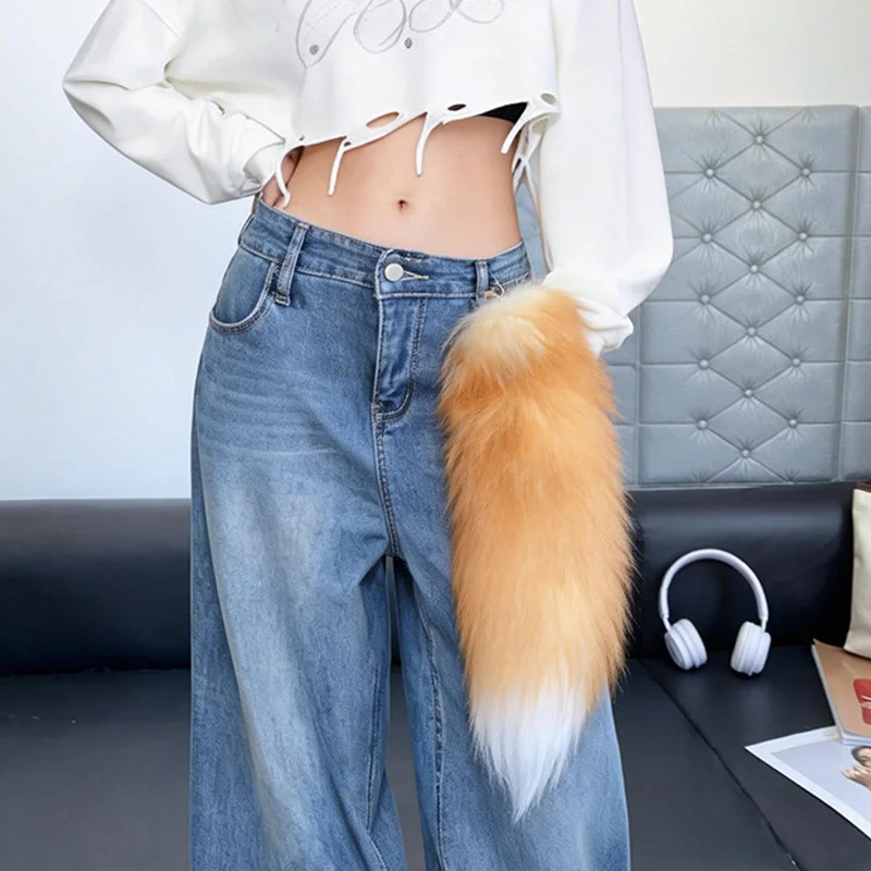 Natural Fox Fur Tail Keychain Fluffy Y2K Wolf Tail Keychains Car Accessories Anime Tail…