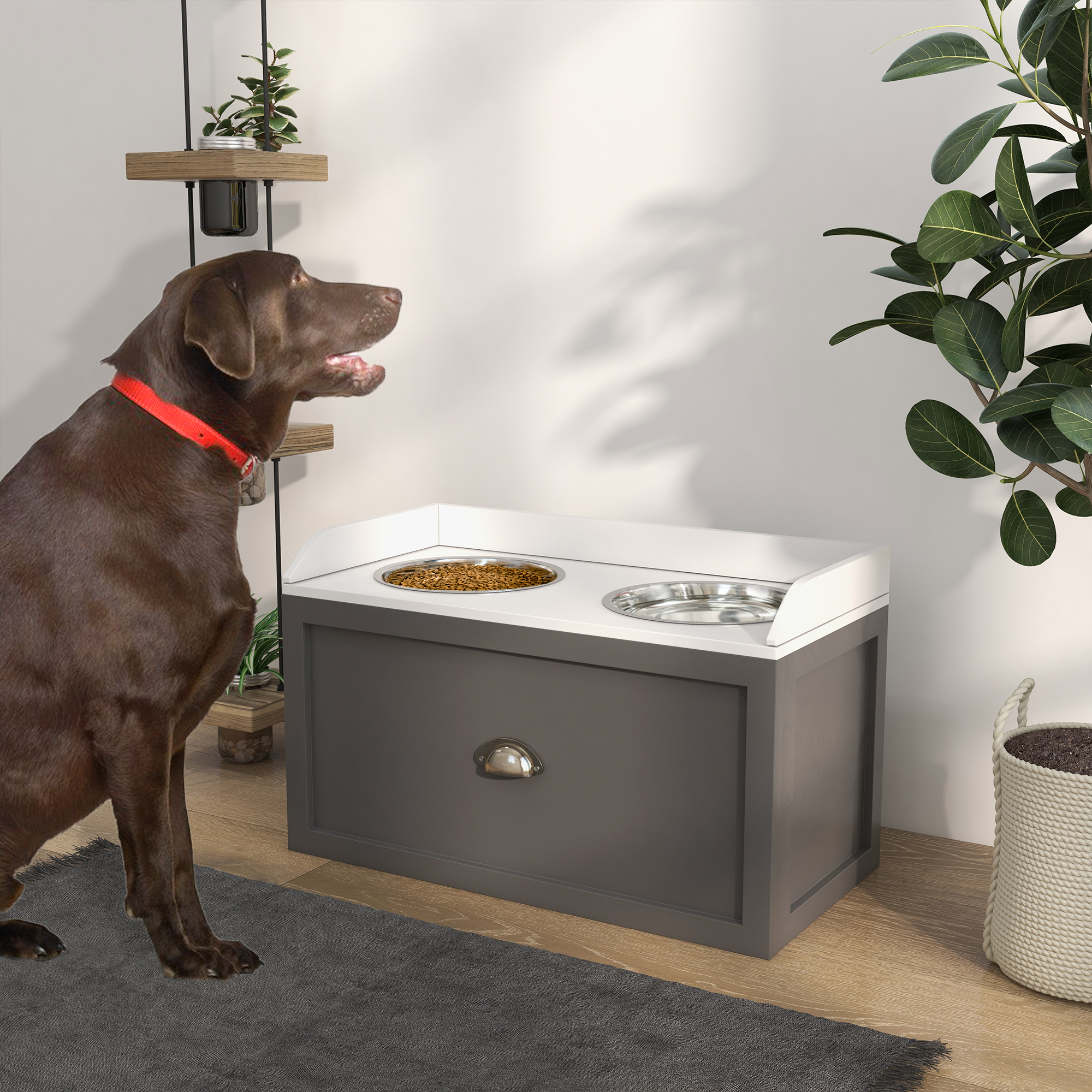 Stainless Steel Raised Dog Bowls, With 21L Storage Drawer For Large Dogs - Grey