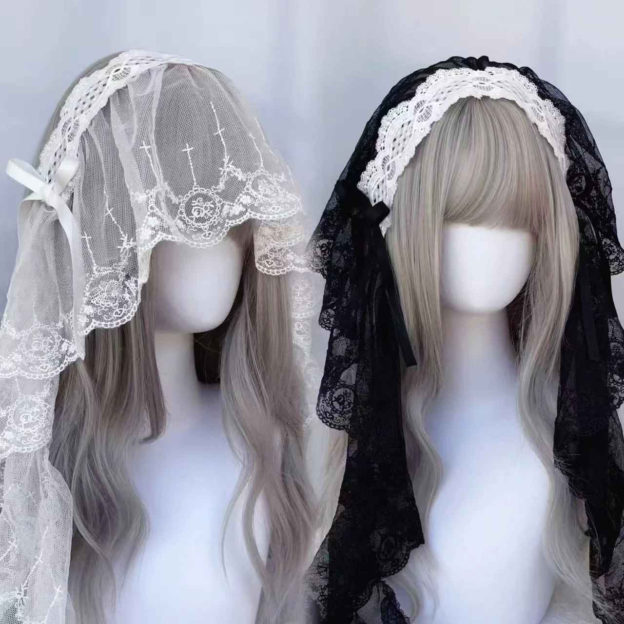 Gothic Harajuku Lolita Black and White Lace Headband Women's Veil Cosplay Headwear Female…