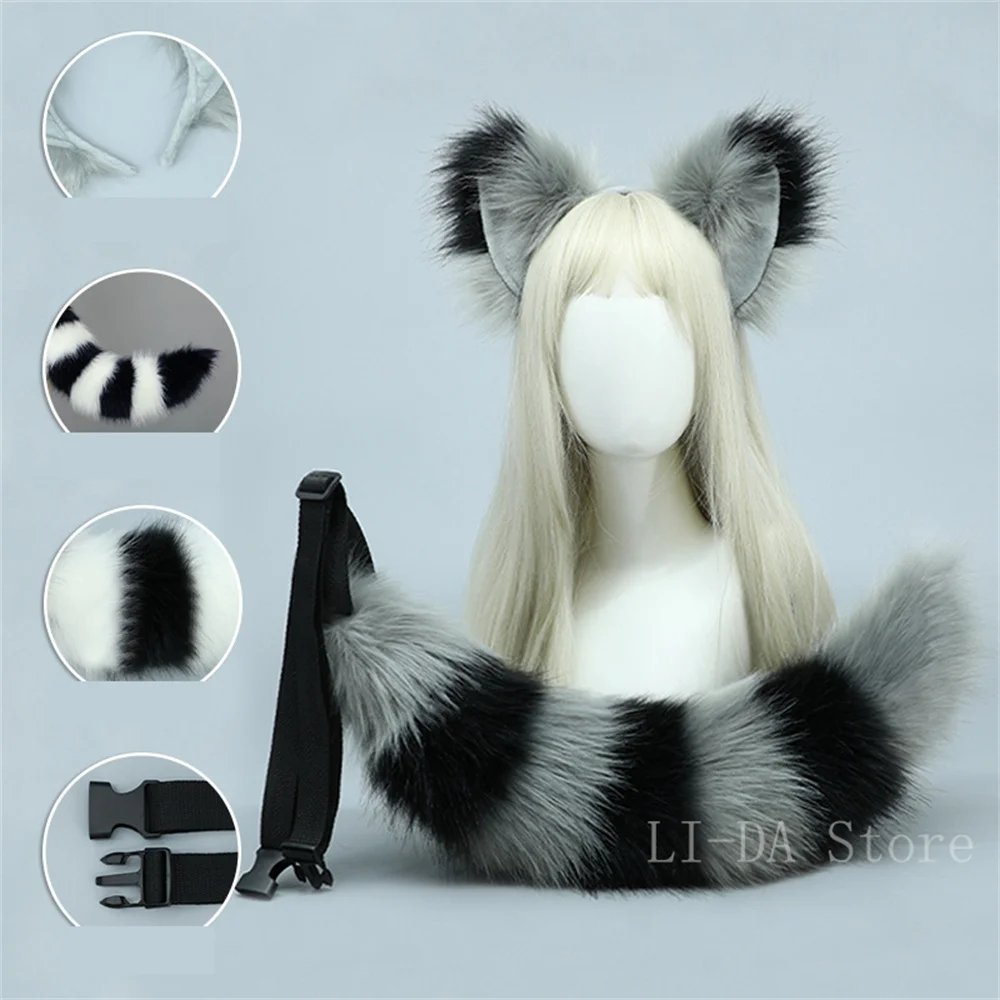2-Pack set Fluffy Animal Raccoon Cat Tail Faux Fur Plush Fox Ears Headband Cosplay…