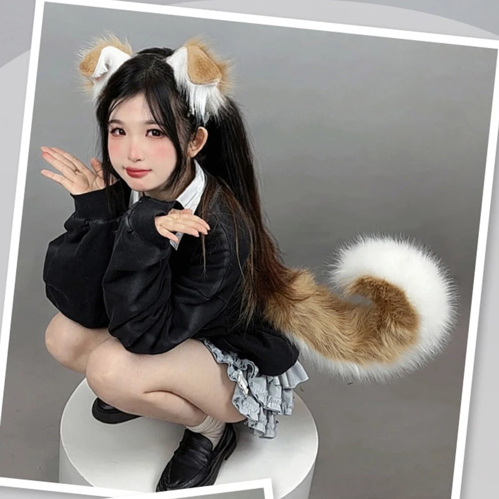 Halloween Dog Ear Tail Set Cosplay Accessories Costume Plush Realistic Animal Ears Tail…