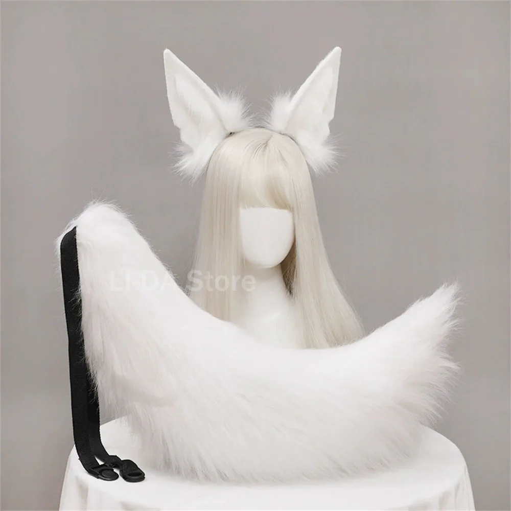 Plush Animal Wolf Ears Headwear Tail Set Furry Jackal Ears Headdress Handmade Costume…