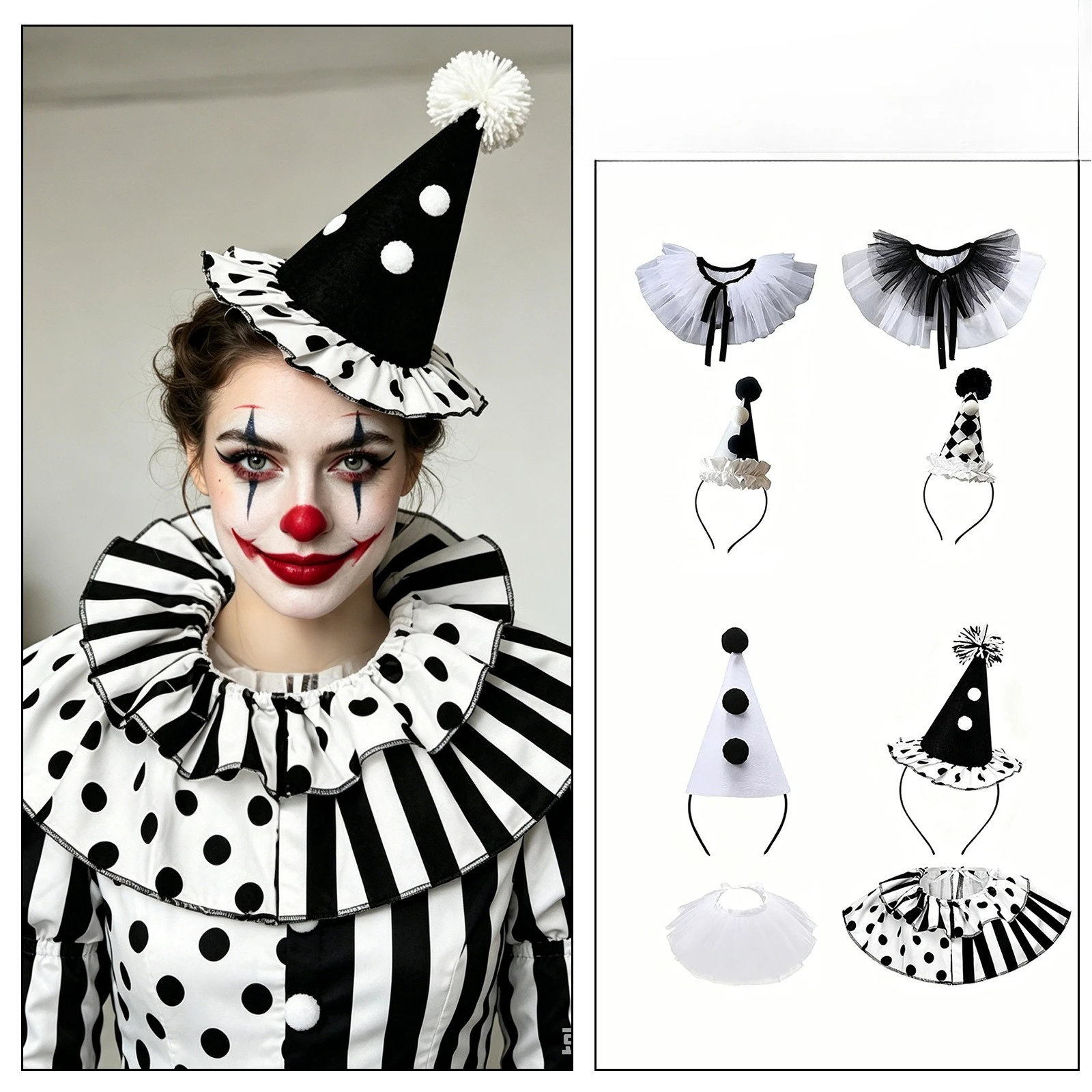 Polka Dot Harlequin Clown Accessory Set Cone Party Hat Headband Ruffle Collar Halloween…