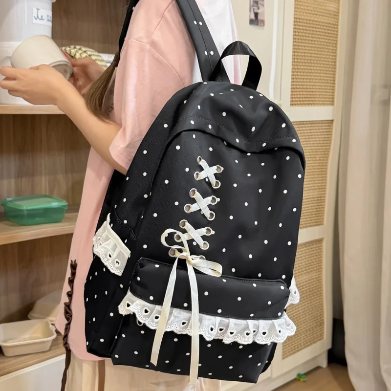 Preppy Polka Dot Backpack for Teen Girls Lace Bowknot Nylon School Bag Aesthetic College…