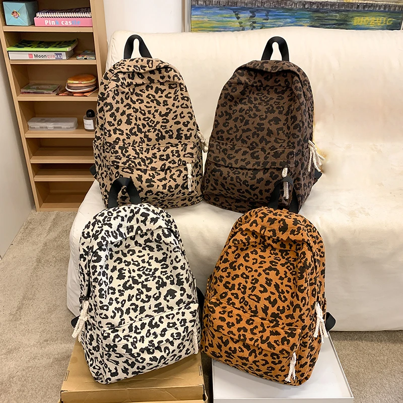 Leopard Print Pattern Backpack Corduroy Teenagers School Bag Large Capacity Casual Laptop Backpack Travel Bookbag Backpack