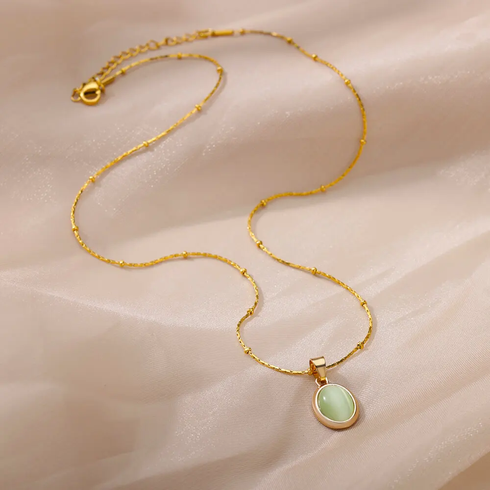 Fashion Stone Opal Oval Necklace for Women Stainless Steel Gold Color Oval Stone Pendant…