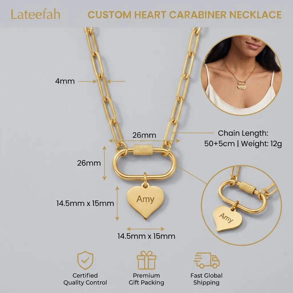 Lateefah Waterproof Tarnish Free Stainless Steel Custom Name Heart Carabiner Necklace…