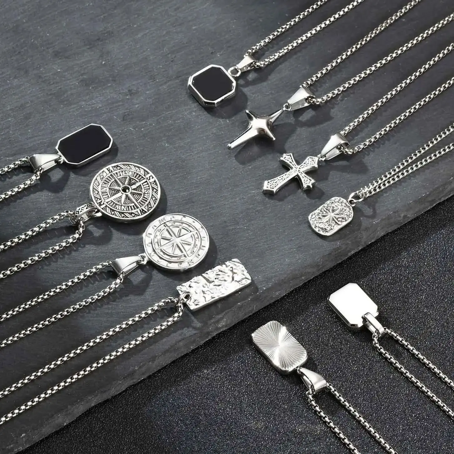 Men's Silver Color Geometric Pendant Necklace, Non Fading Stainless Steel Compass…