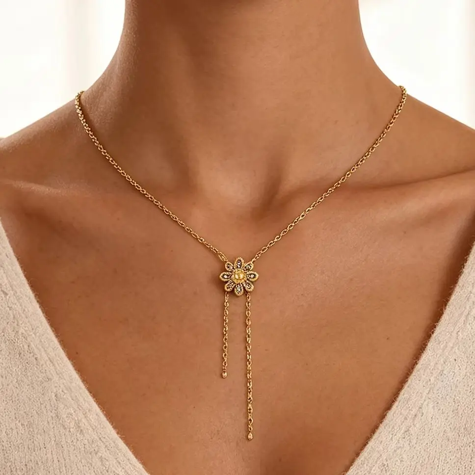 Luxury Zircon Daisy Flower Necklaces For Women Gold Color Stainless Steel Flower Y‑Drop…