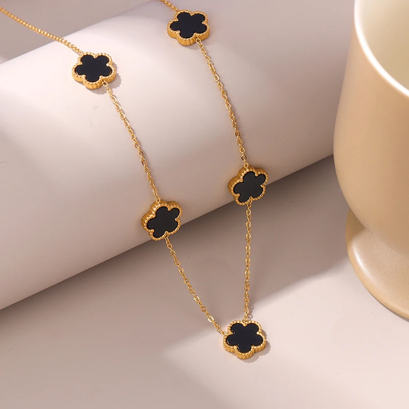 14K Gold Plated Stainless Steel Necklace Woman Five Leaf Petals Double Sided Necklaces…