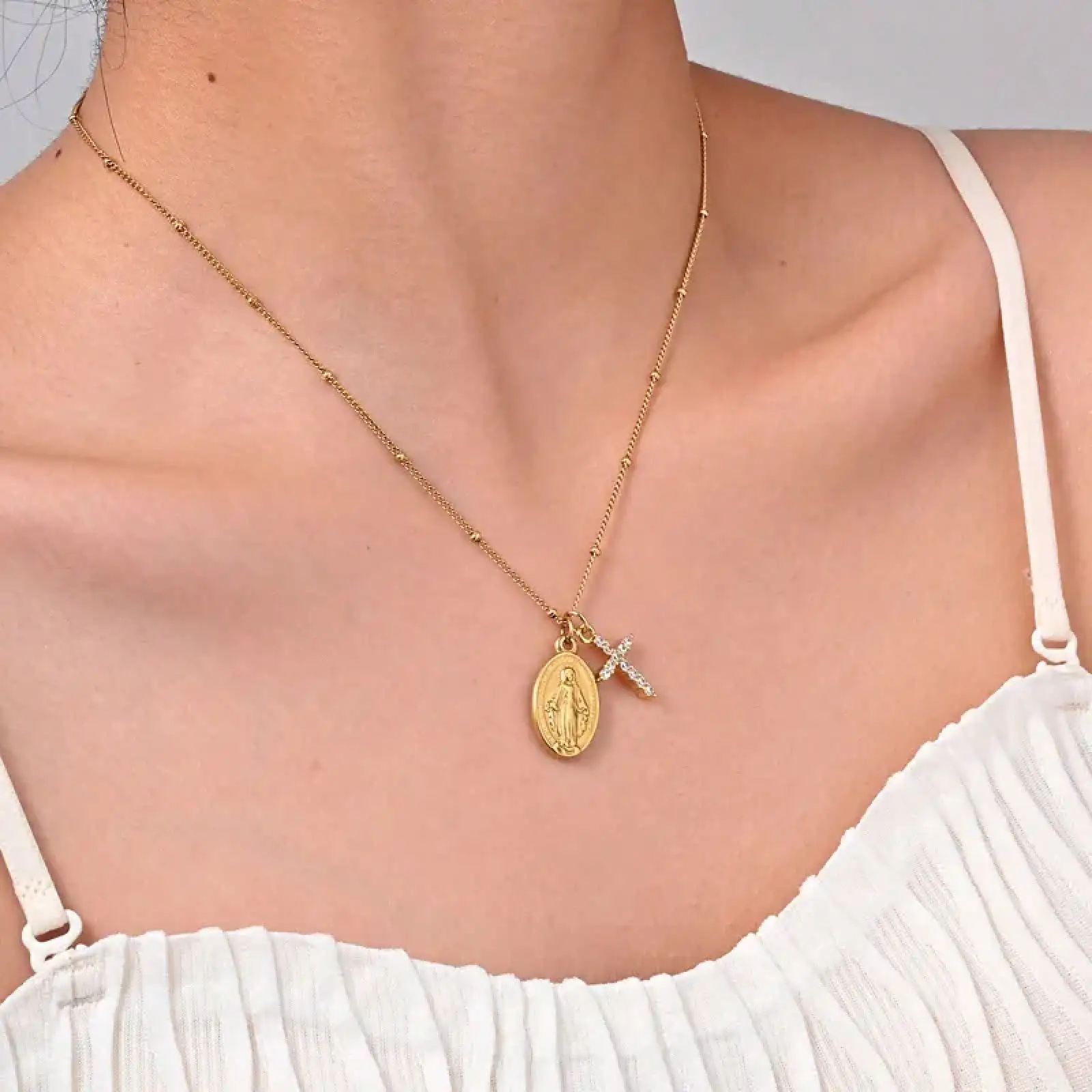 Cross Virgin Mary Pendant Necklace For Women,Stainless Steel Gold Plated Bead Chain…