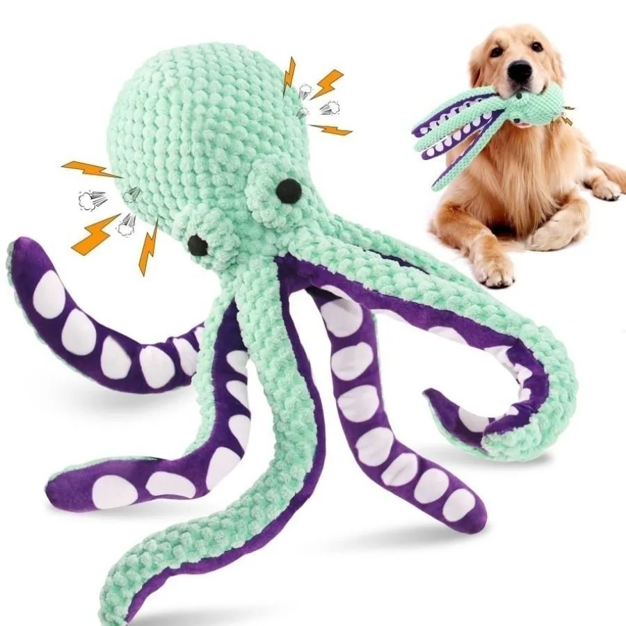 Squeaky Octopus Plush Dog Toy Indestructible Teething Chew Toy Interactive Sound Pet…