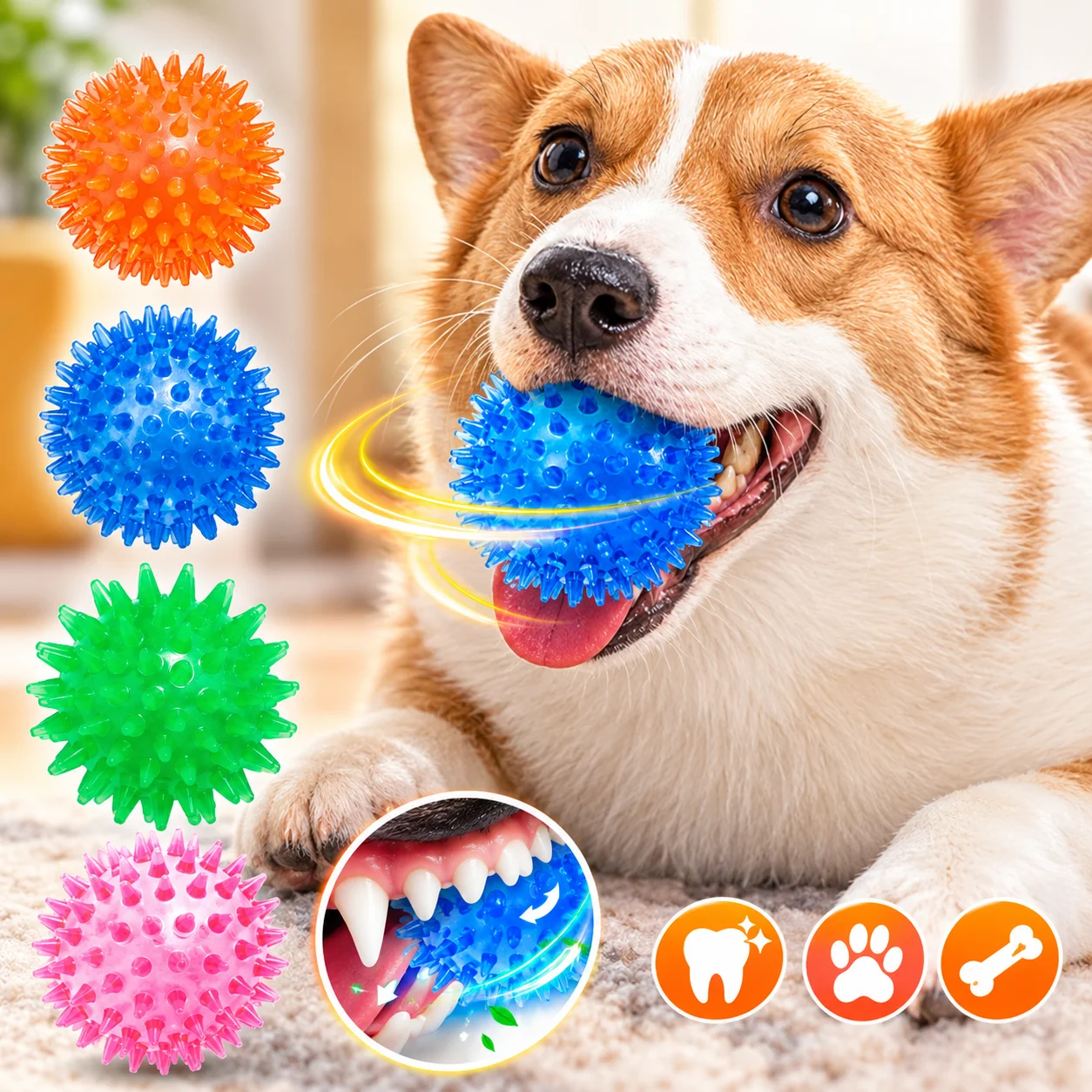Squeaky Dog Toys Elastic Spiky Ball Teeth Cleaning Interactive Sound Pet Chew Toy…