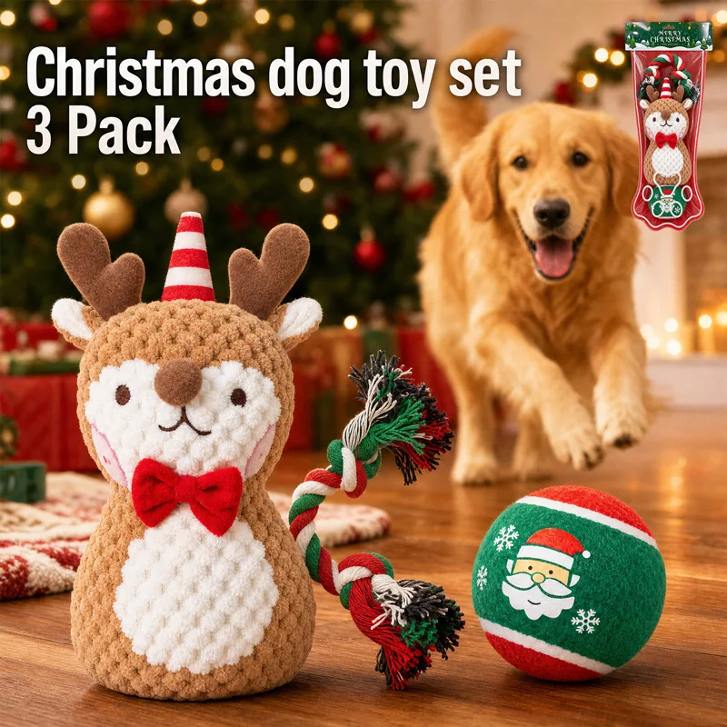 Christmas Dog Toy Set Squeaky Rope Chew Toys for Puppy Pet Teeth Cleaning Play Balls…