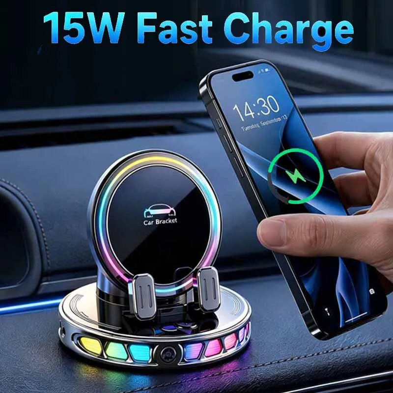 Auto Clamping Car Mobile Cell Phone Holder Support For Mobile Wireless Charger For Car Dashboard Mount With RGB Light