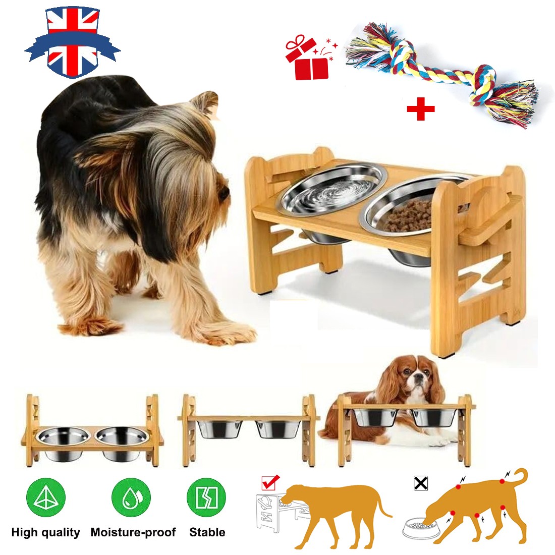 Dog Food Feeding Stand Station Stainless Double Raised Bowls Wooden-Holder UK