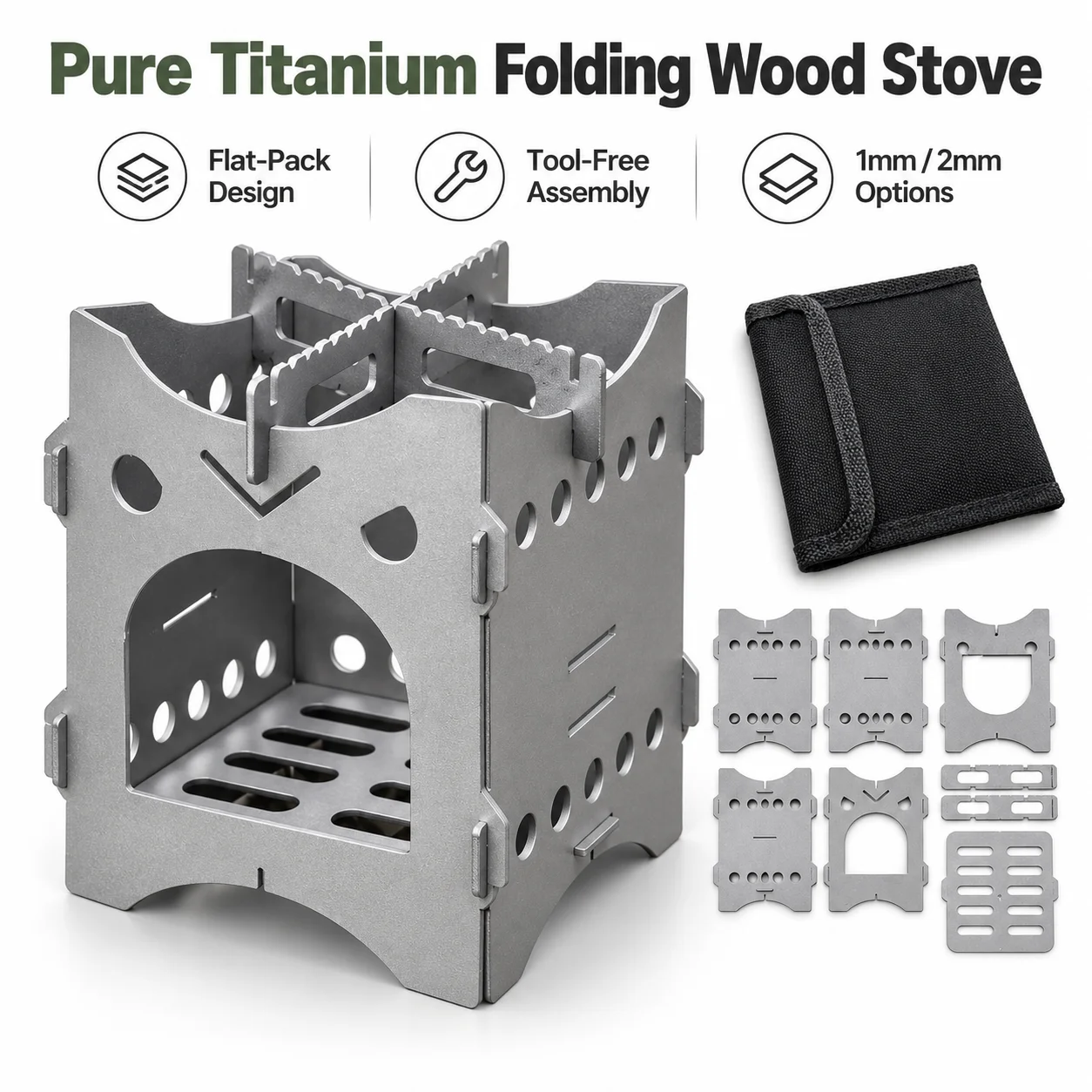 Pure Titanium Wood Stove 1mm/2mm Flat-Pack Card Stove Portable Titanium Camp Stove for…