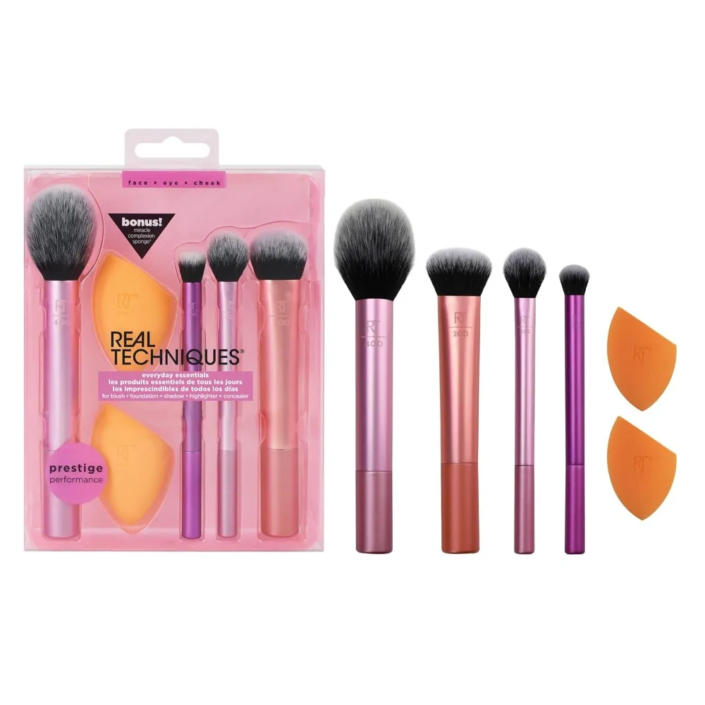 Real Techniques 6 Piece Everyday Essentials Makeup Brush Set Sponges Blush Bronzer…