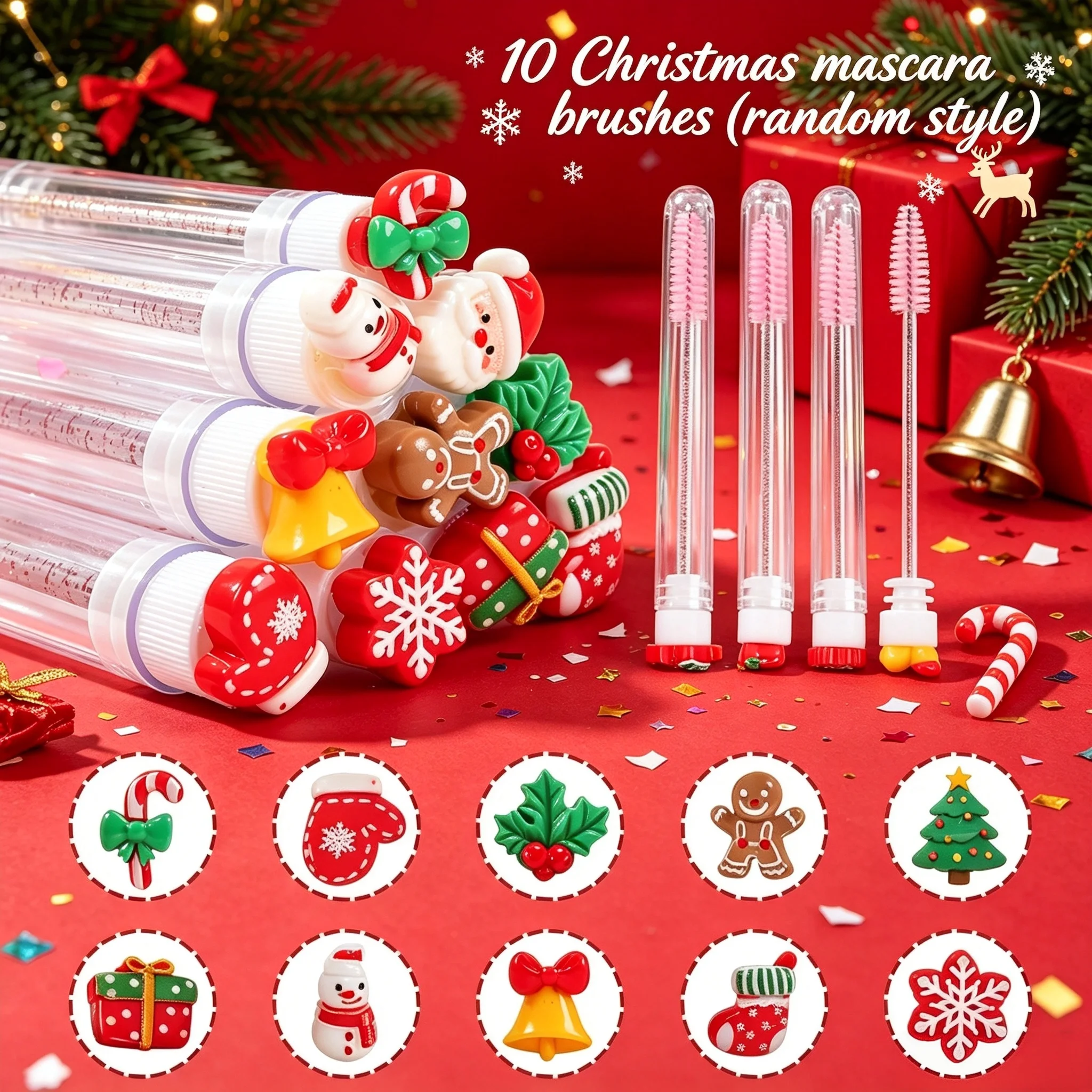 10-Pack Christmas Eyelash Brush Set Santa Snowflake Mascara Wands Spoolies Eyebrow Comb…