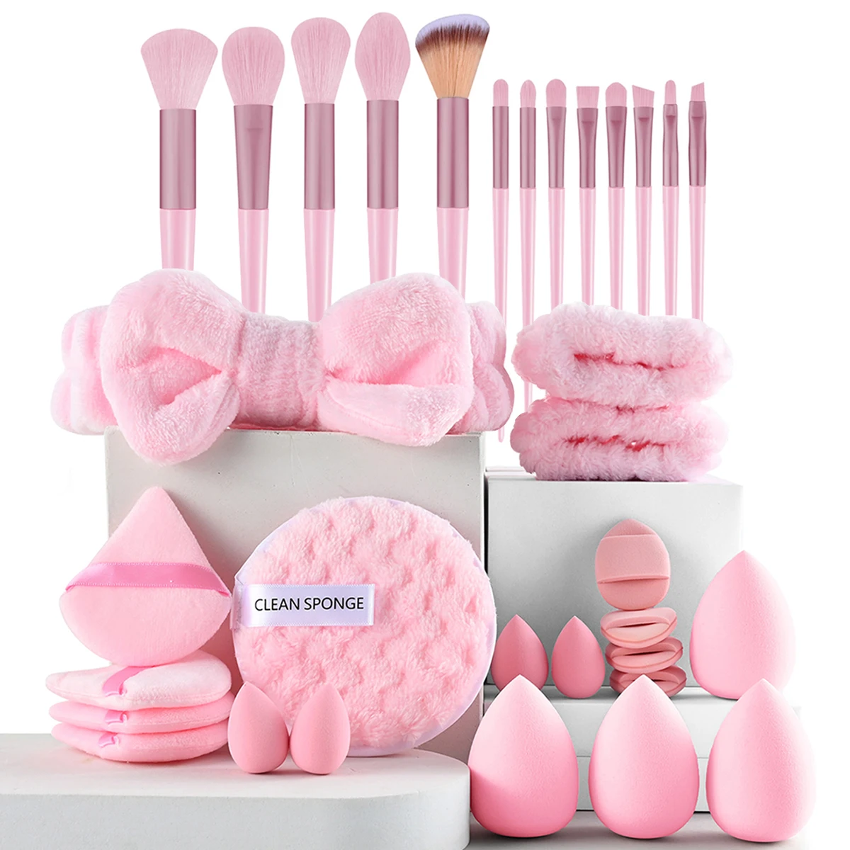 Pink Makeup Brush Set with Beauty Blender Triangle Powder Puff Fluffy Hairband Makeup…