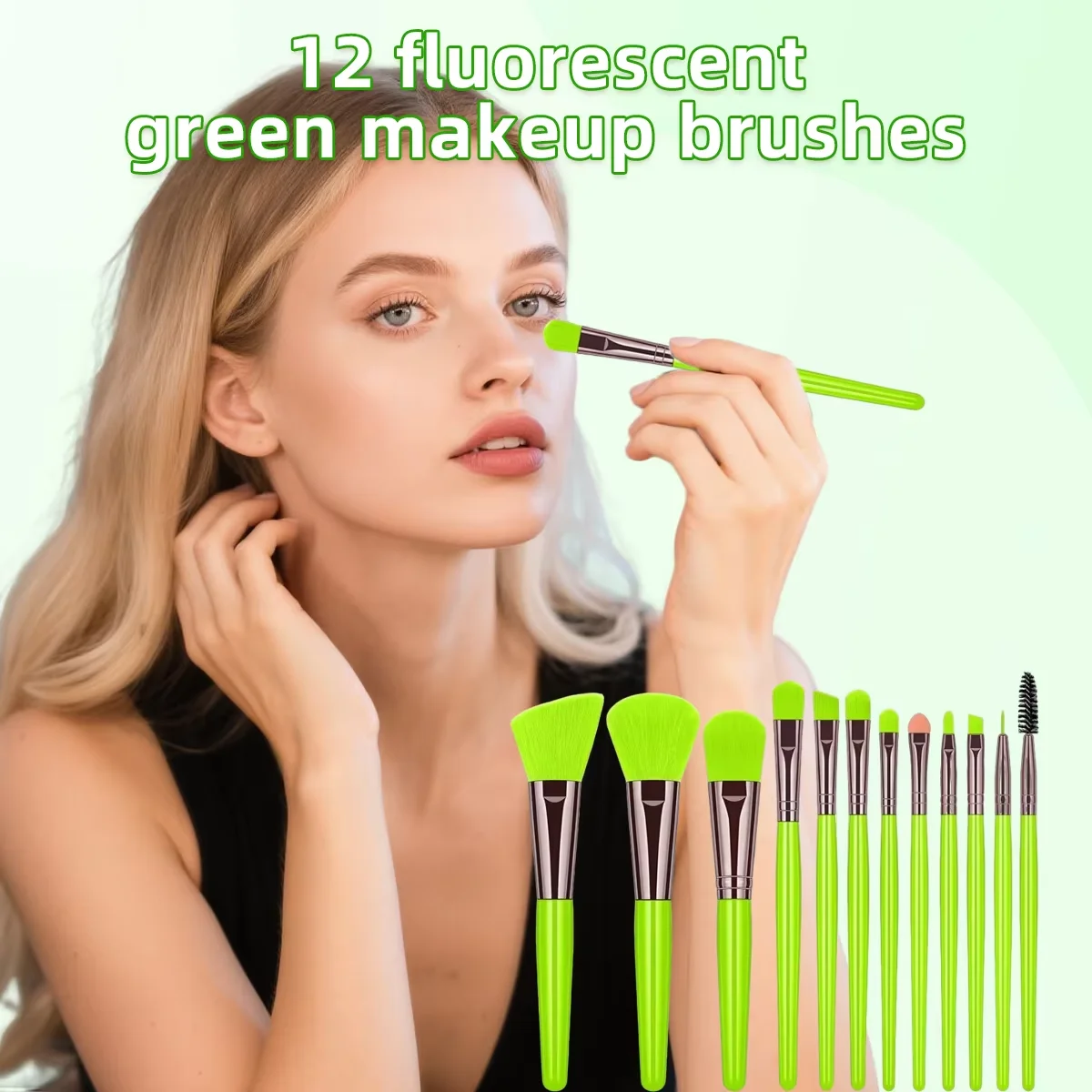 12-Pack High-Value Fluorescent Green Makeup Brush Set Soft Bristle No Shed Easily Must…