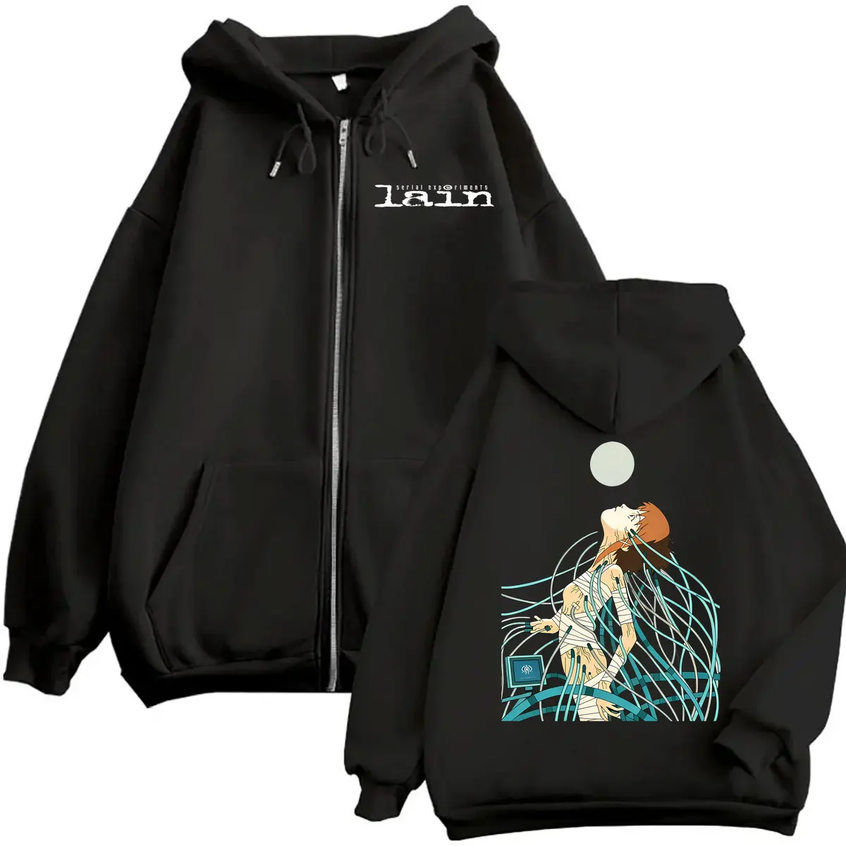 Anime Serial Experiments Lain Graphic Zipper Hoodie Manga Girl Sci Fi Y2k Zip Up Jacket…