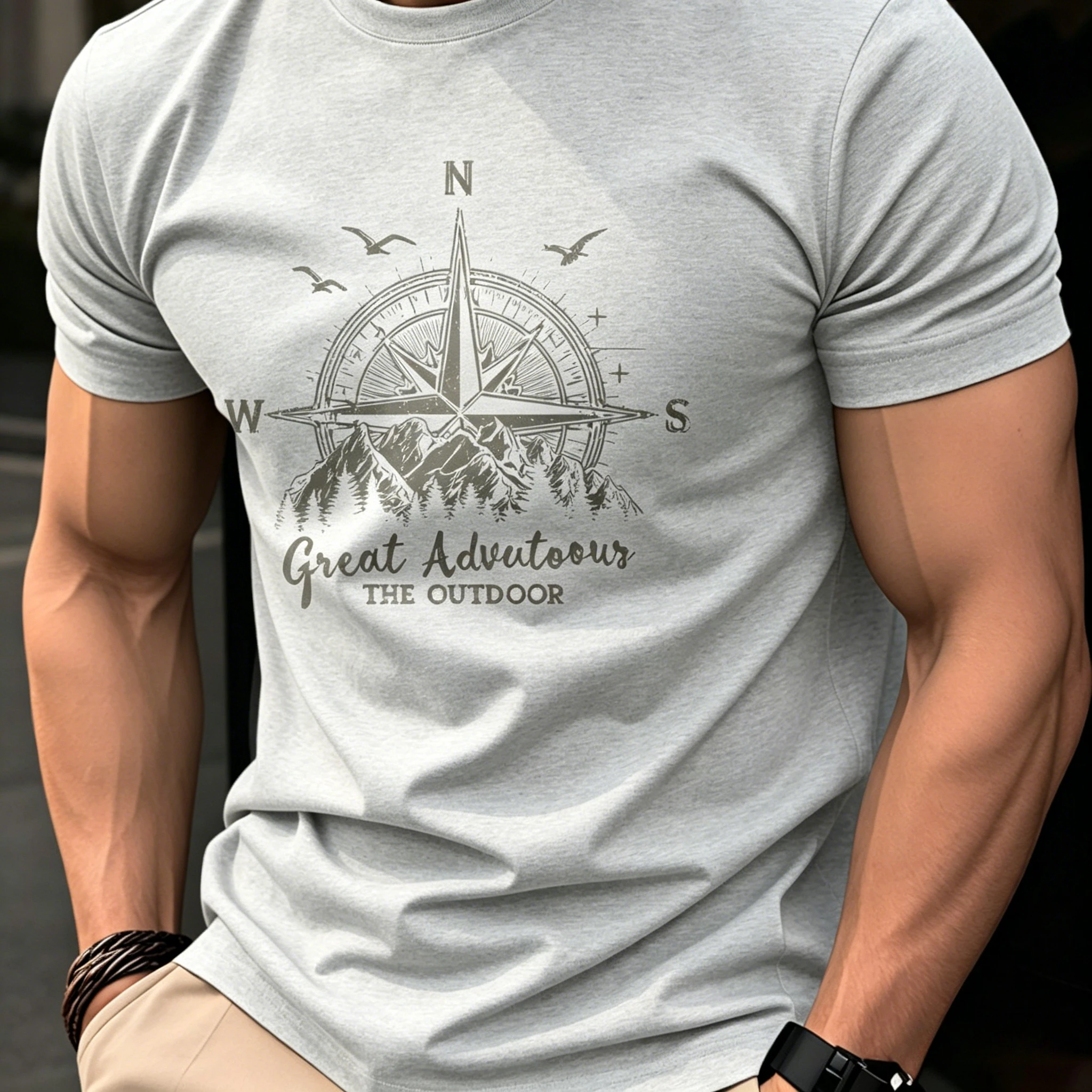 Summer Men's 100% Pure Cotton Casual Fashionable Loose Retro Compass Mountain Pattern…