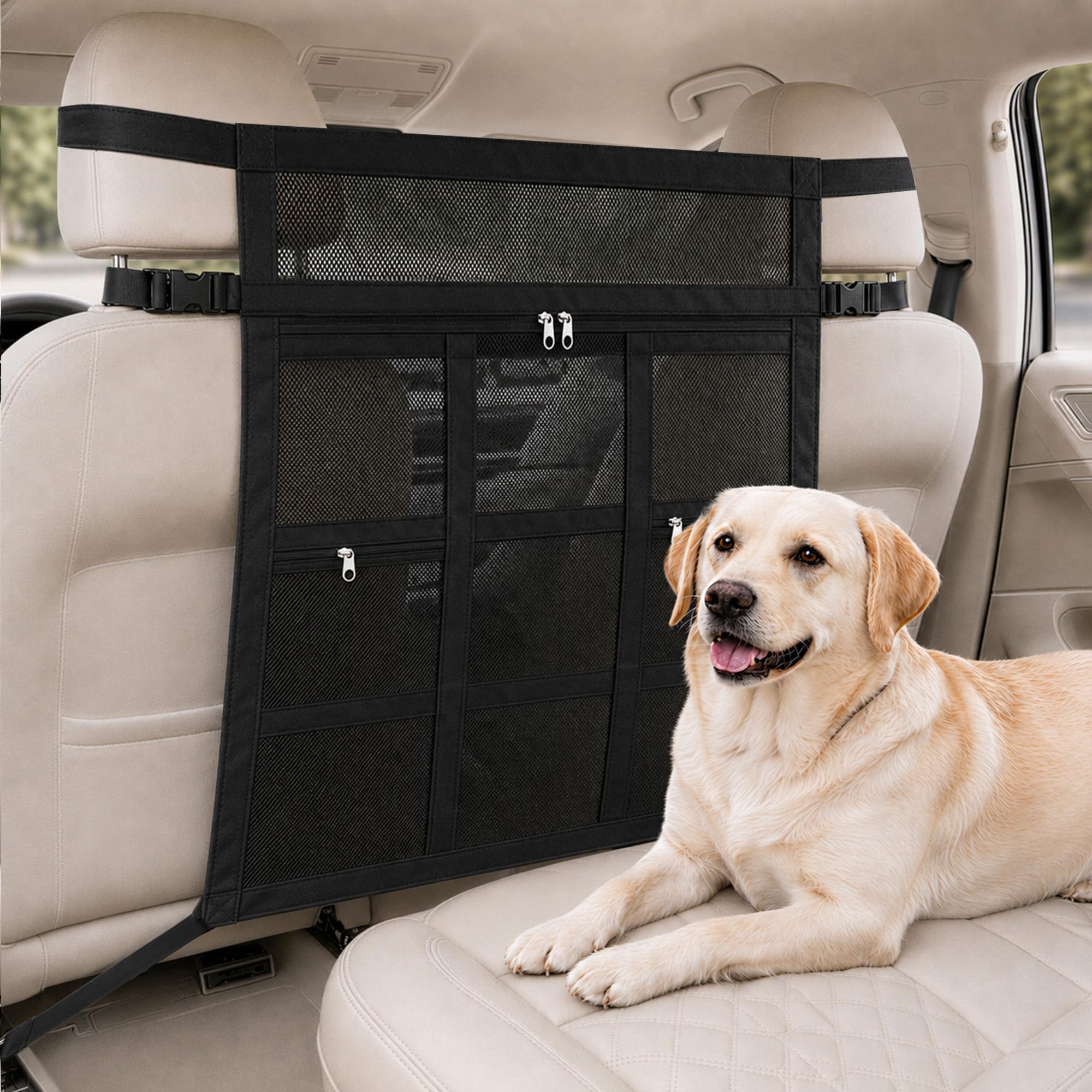 Car Dog Barrier With Hook And Loop Fastener Dual Zipper For Car SUV Breathable Mesh…
