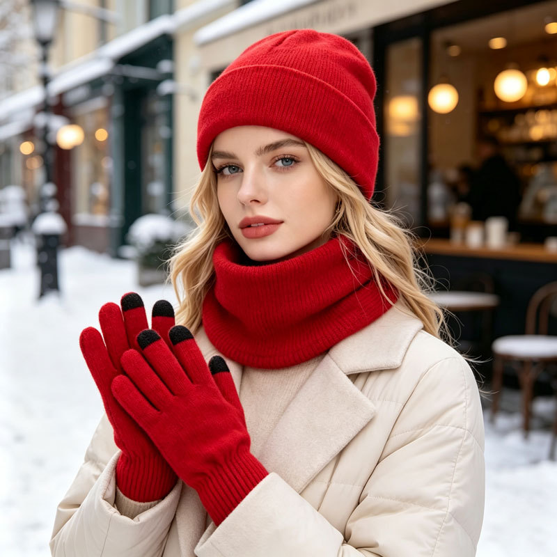 Warm Winter Hat Scarf And Gloves Three-piece Set