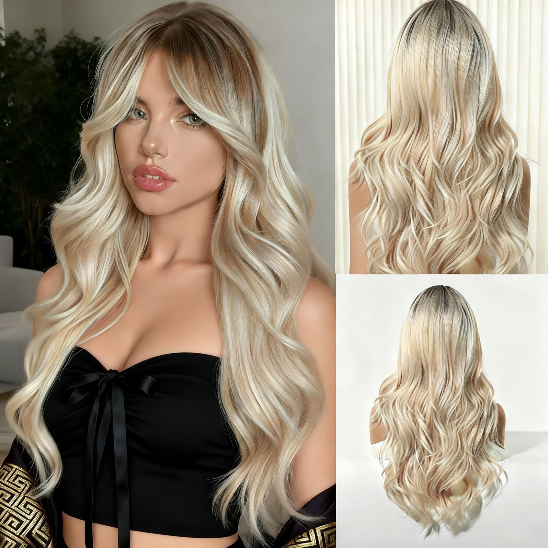 Best-selling Wig, Curly Hair With Big Waves, Deep Roots, Platinum Color, Synthetic Fiber…