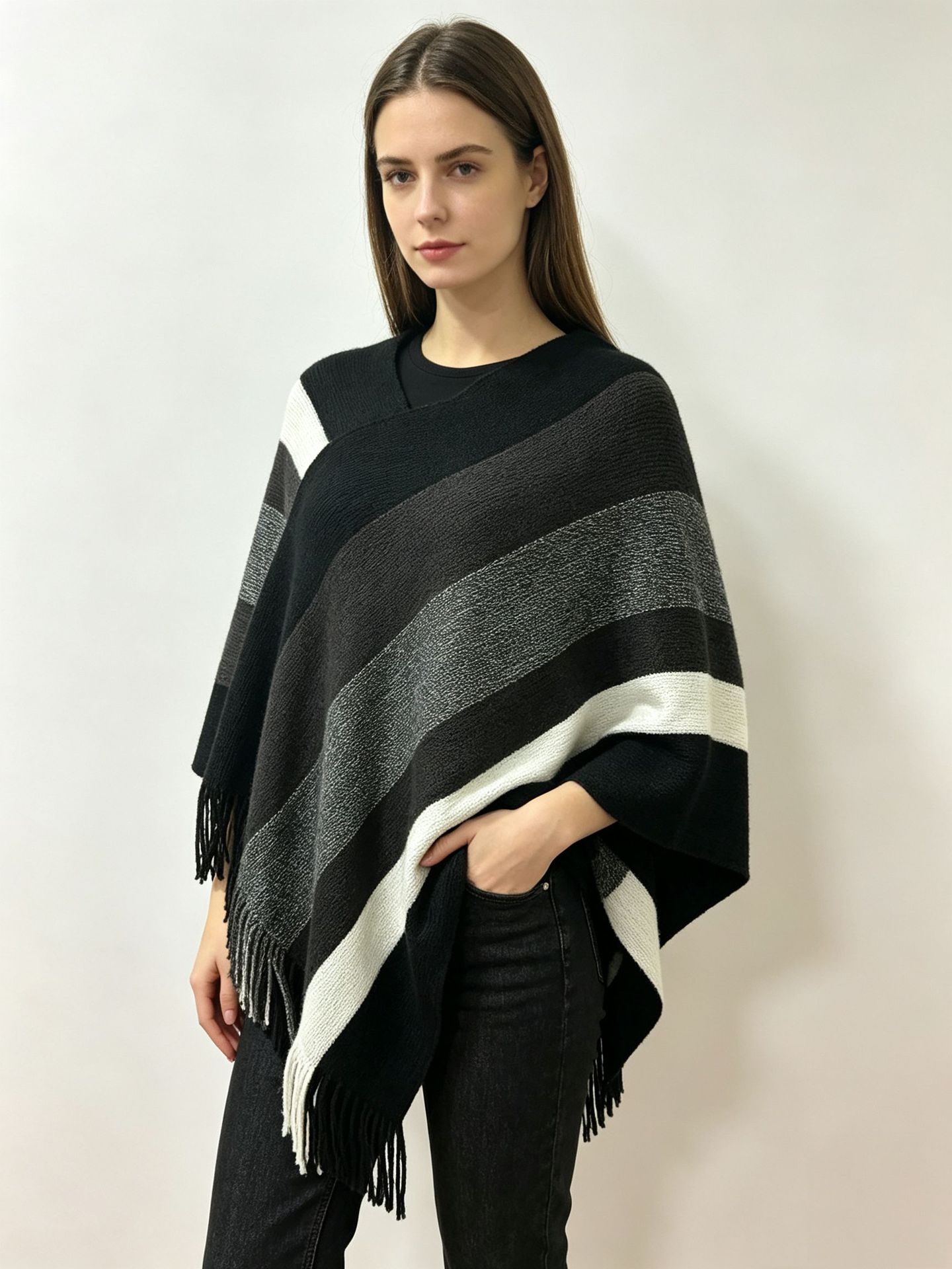 European And American Export Winter Shawl Striped Color-blocking Diagonal Stripe Tassel…