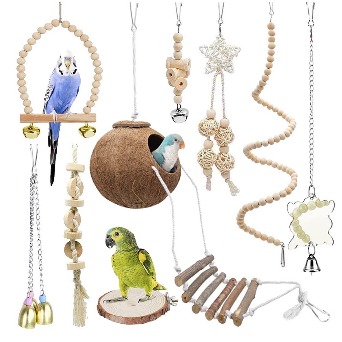 9-Piece Parakeet Toys & Budgie Toys, Bird Cage Accessories Set Natural Wood Bird Toys…