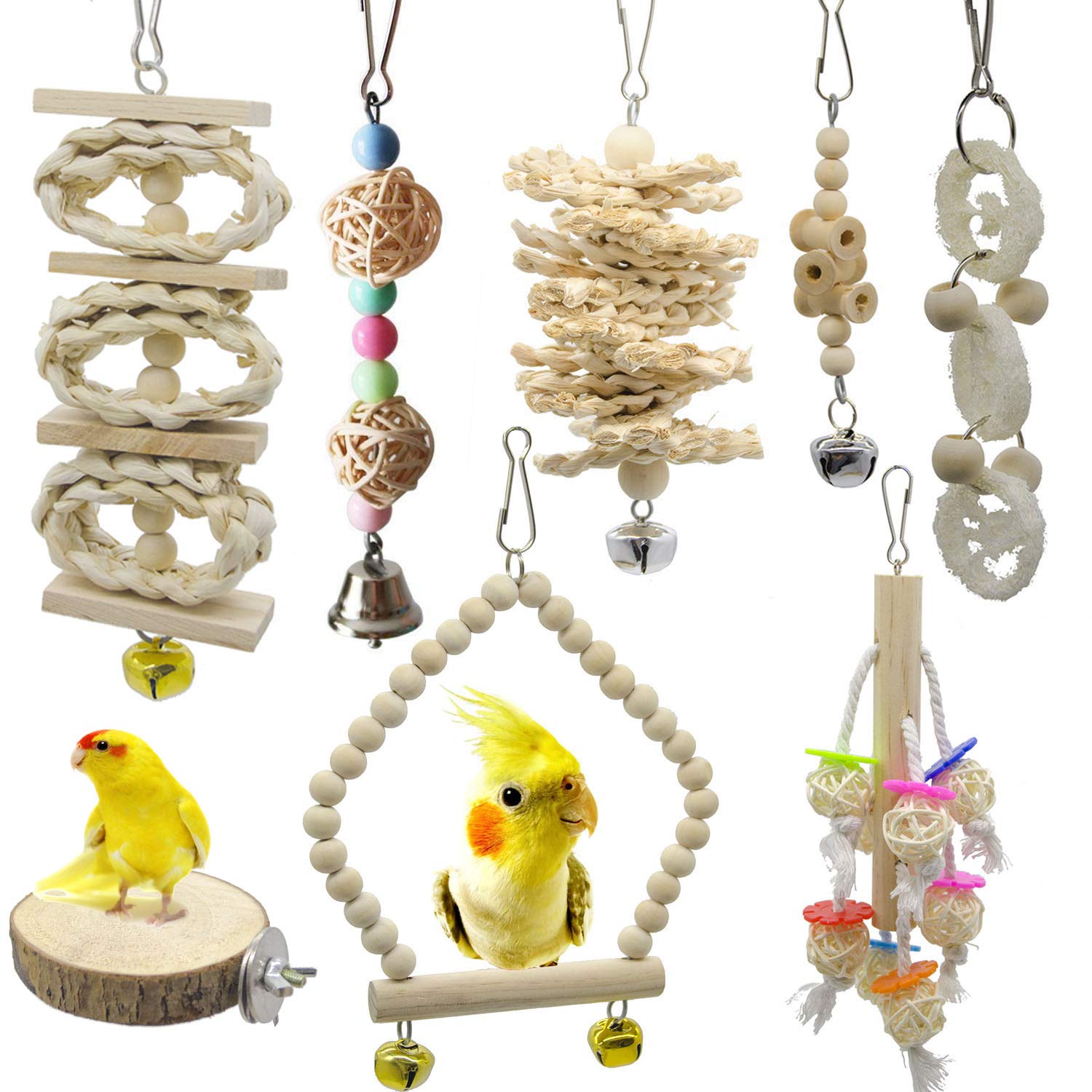 8 Packs Of Bird Parrot Swing Chewing Toys-Natural Wood Bird Climbing Hanging Cage Toys…