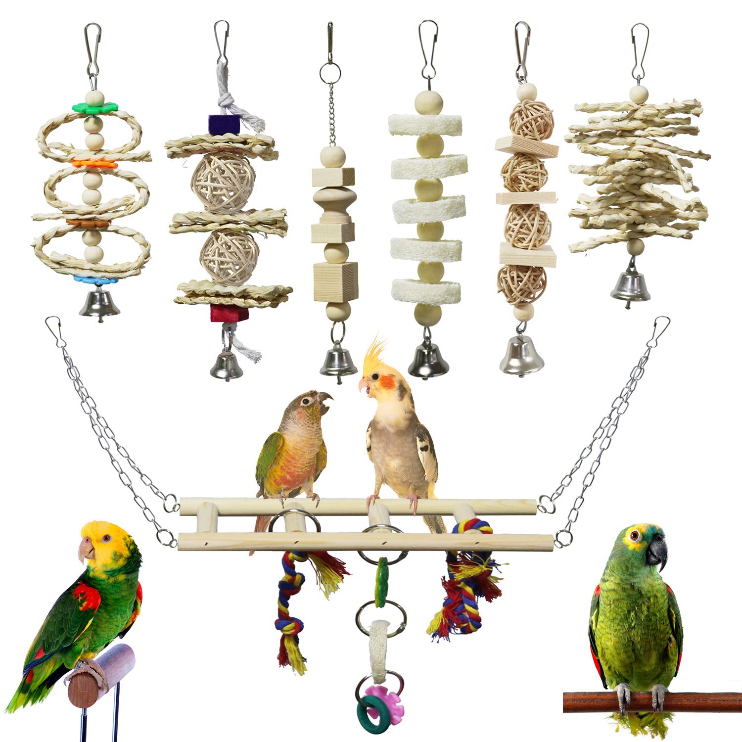 7 Pack Bird & Parrot Toys, Bird Cage Toys For Conures, Wood Chew Set Natural Wood, Bird…