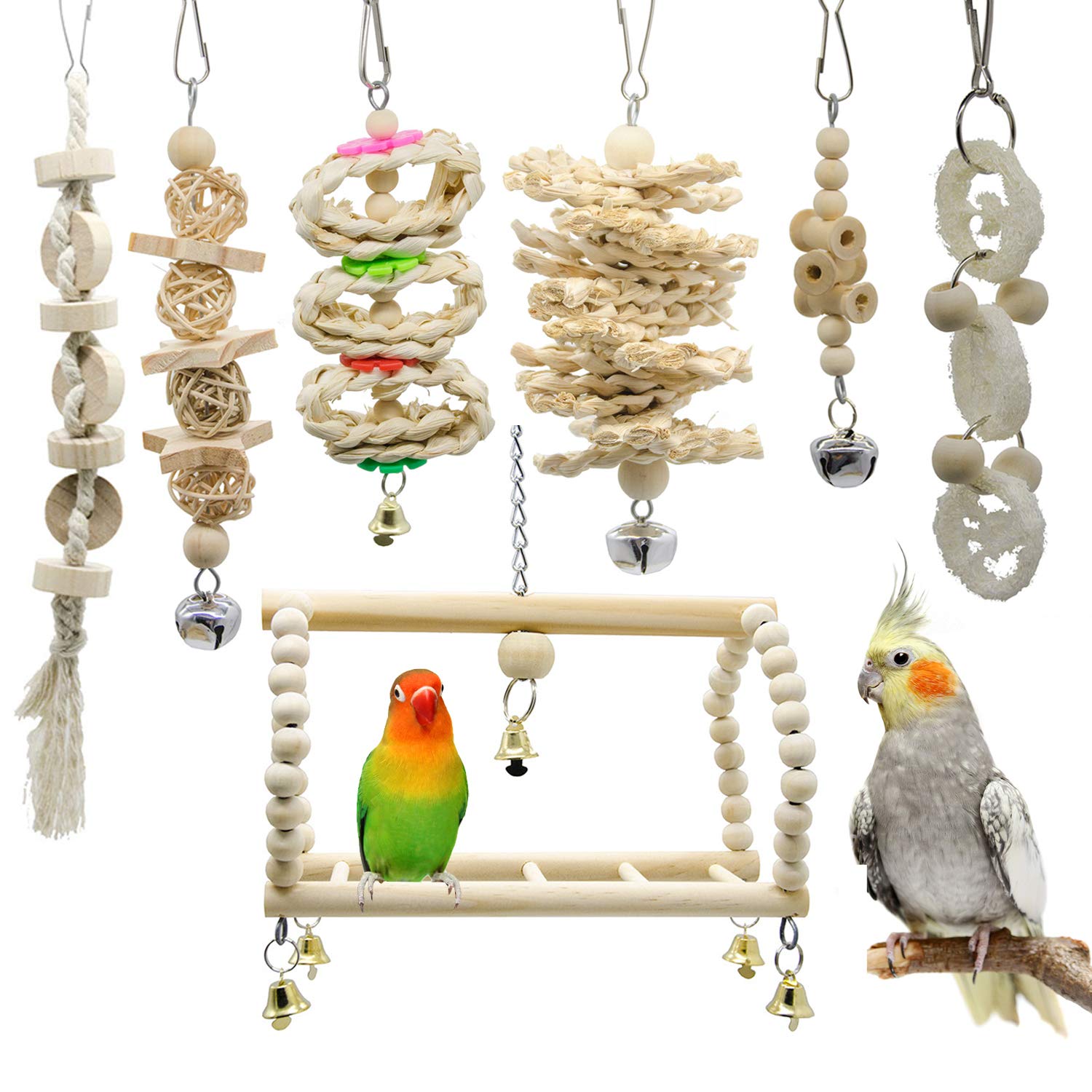 7 Packs Bird Parrot Swing Chewing Toys-Hanging Bell Bird Cage Playing Toys Hanging Rope…