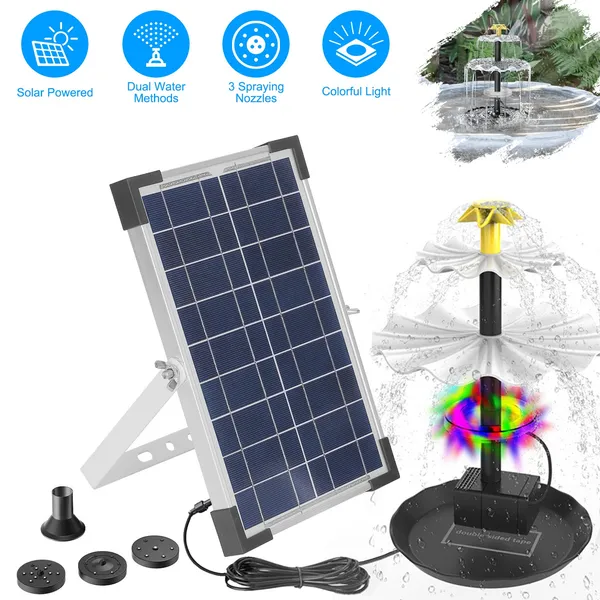 3-Tier Solar Bird Bath Fountain Solar Powered Water-Pump Waterfall Feature With Colorful…