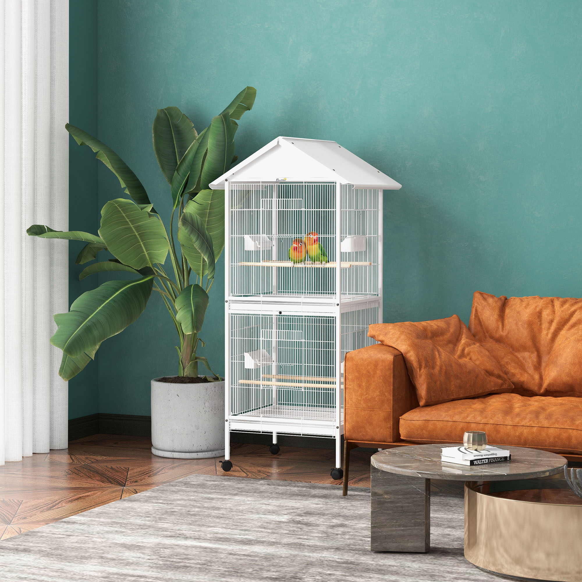 Wrought Metal Bird Cage Feeder with Rolling Stand Perches Food Containers Doors Wheels…