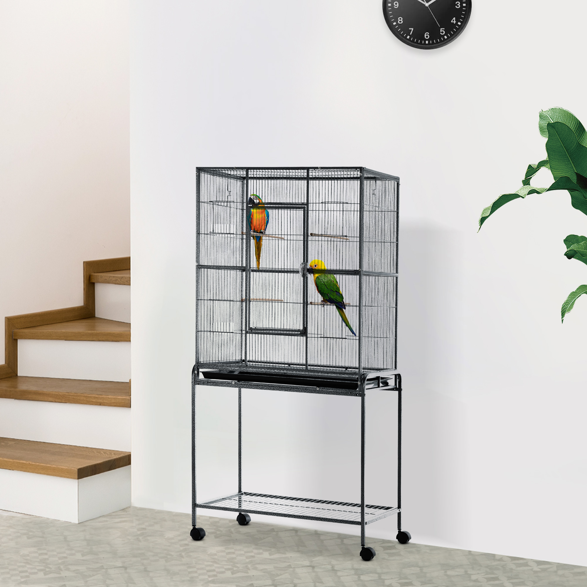 30" Rolling Metal Bird Cage Feeder with Detachable Rolling Stand, Storage Shelf, Wood…