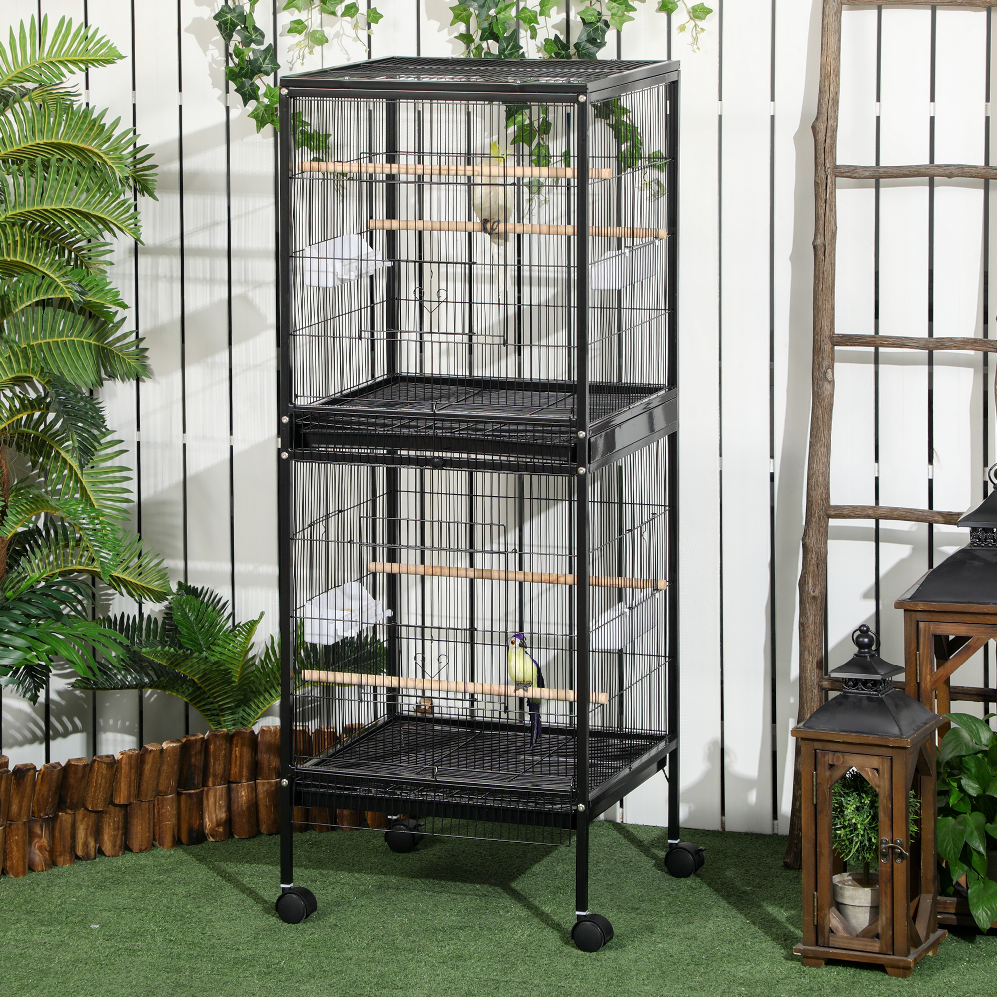55" 2-in-1 Bird Cage Aviary Parakeet House for finches, budgies with Wheels, Black