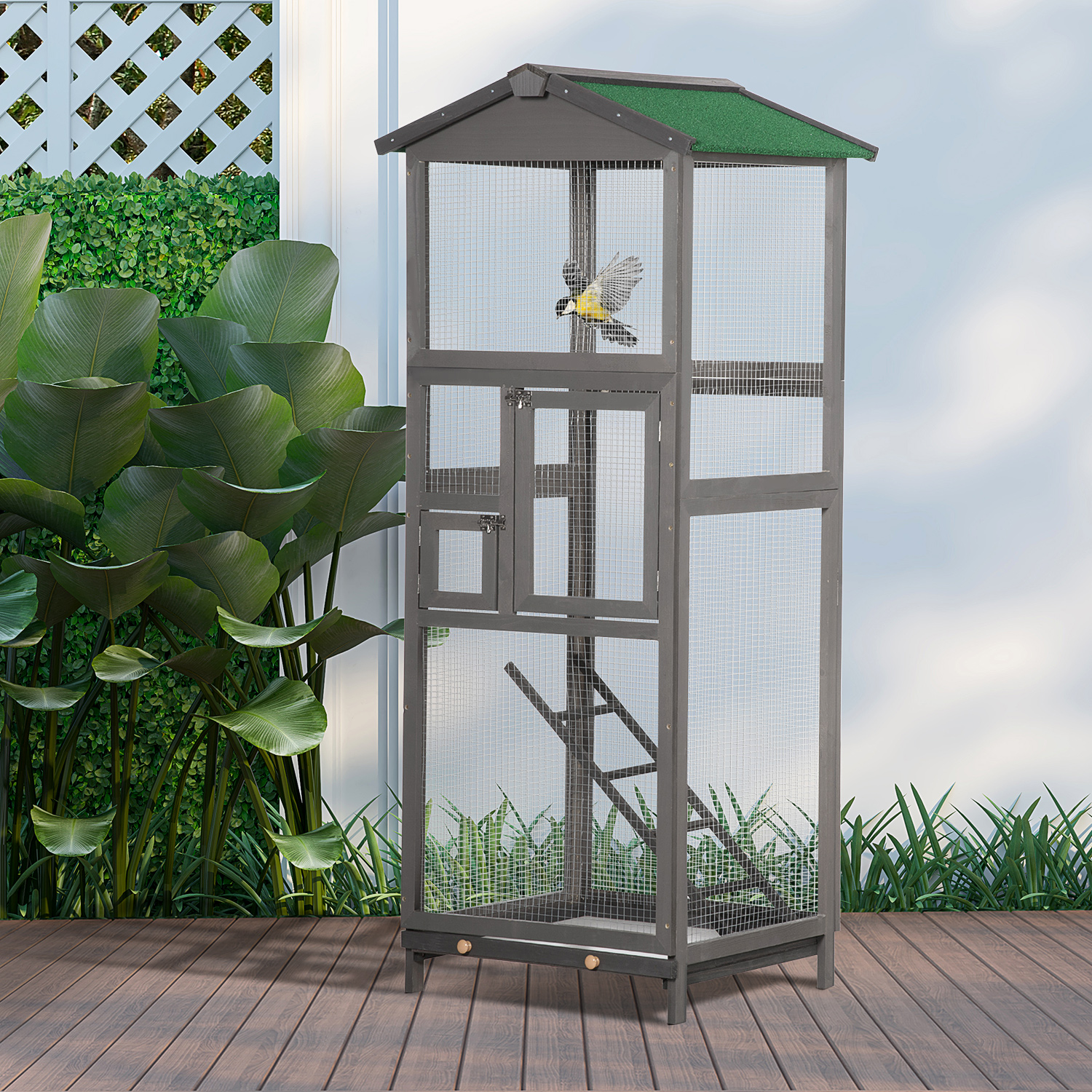 65" Wooden Bird Cage Outdoor Aviary House for Parrot, Parakeet, with Pull Out Tray and 2…