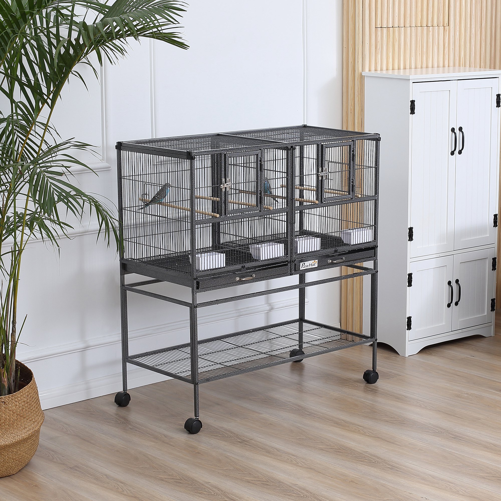 Divided Breeder Bird Cage with Rolling Stand Removable Metal Tray, Storage Shelf, Wood…